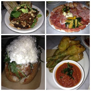 YUM! Clockwise from top left: Eggplant Caponata, Italian Cold Cuts, Meat Ball Hero, Crispy Squash Blossoms.